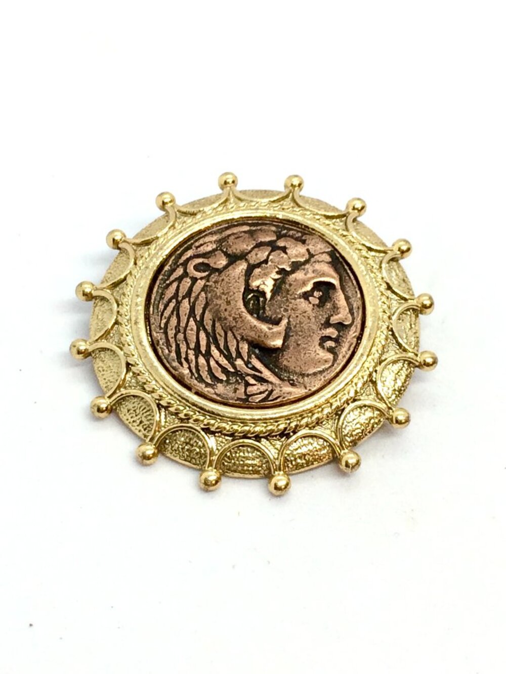 VINTAGE COIN BROOCH Greek Roman Revival Medallion Gold Copper Tone Classical